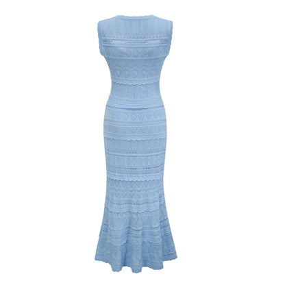 Light Blue Sleeveless Crochet Maxi Dress Mailys blue ruffled-trim crochet-knit midi dress Evening Dress by YiHuiw