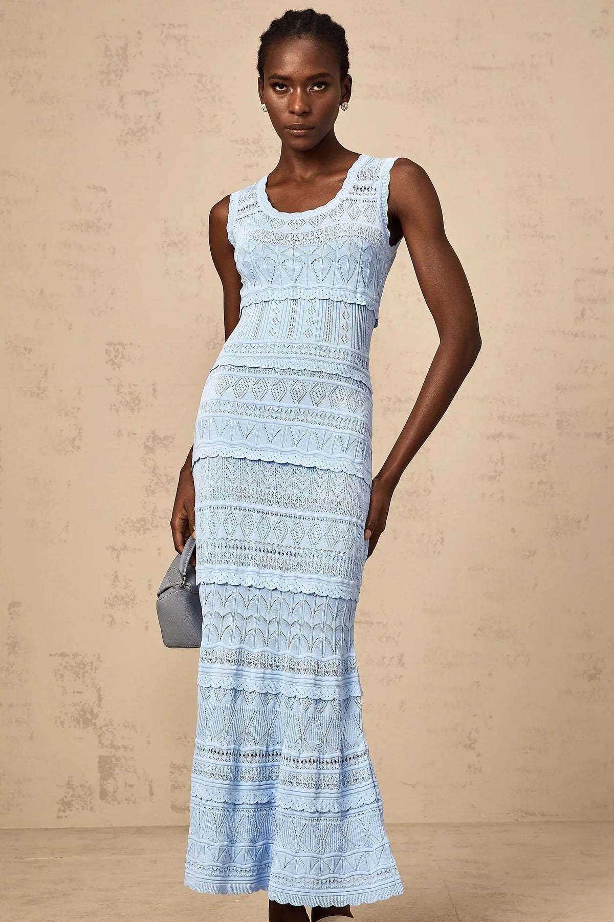 Light Blue Sleeveless Crochet Maxi Dress Mailys blue ruffled-trim crochet-knit midi dress Evening Dress by YiHuiw