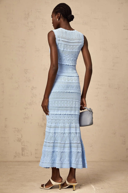 Light Blue Sleeveless Crochet Maxi Dress Mailys blue ruffled-trim crochet-knit midi dress Evening Dress by YiHuiw