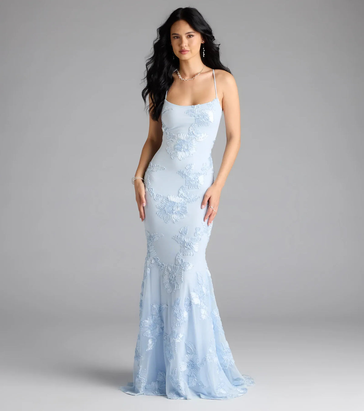 Light Blue Mermaid Spaghetti Strap Lace Lace-Up Back Floor-Length Wedding Dress - Yihuiw by Yihuiw