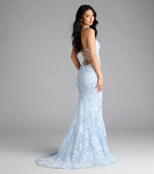 Light Blue Mermaid Spaghetti Strap Lace Lace-Up Back Floor-Length Wedding Dress - Yihuiw by Yihuiw