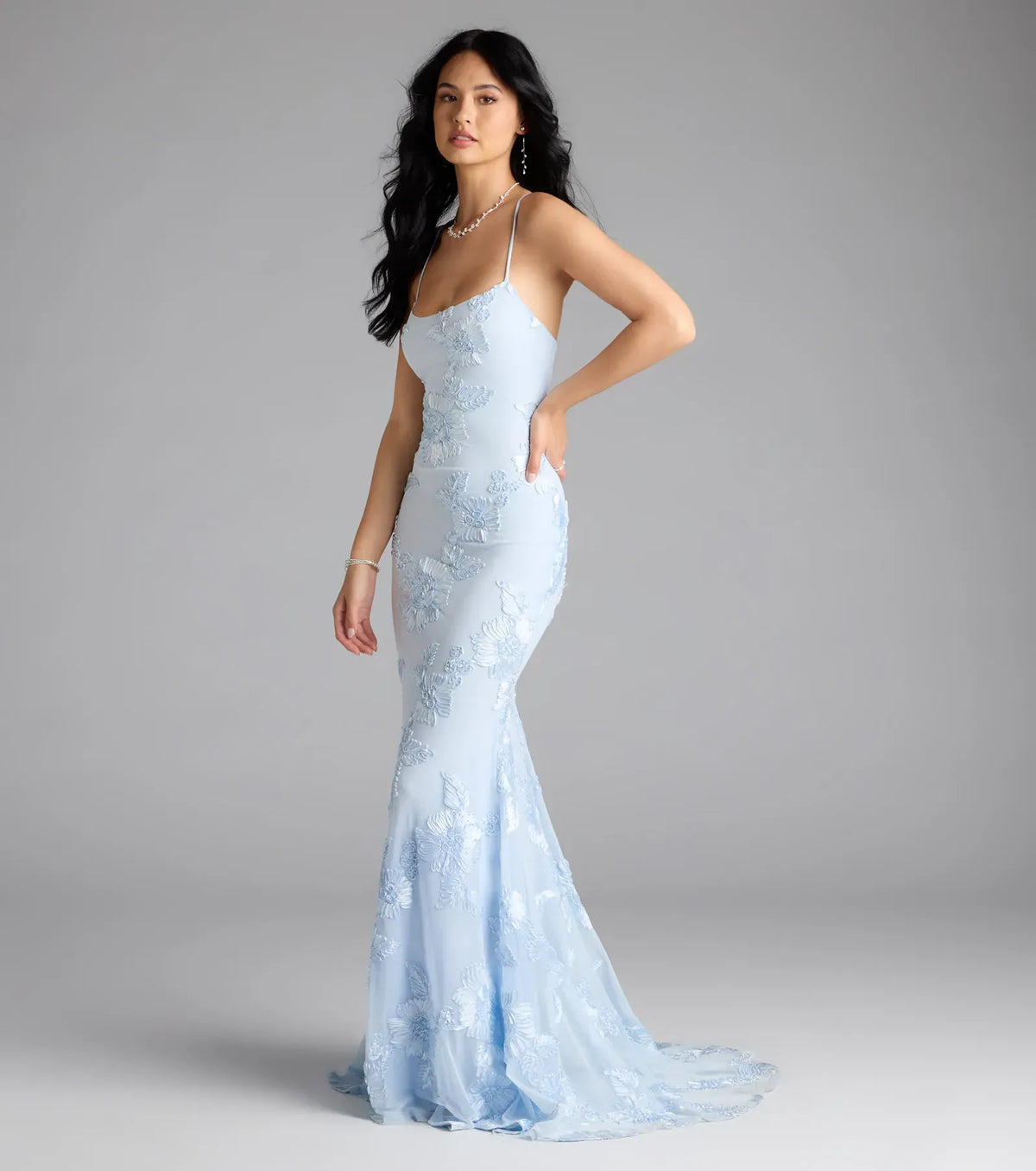 Light Blue Mermaid Spaghetti Strap Lace Lace-Up Back Floor-Length Wedding Dress - Yihuiw by Yihuiw