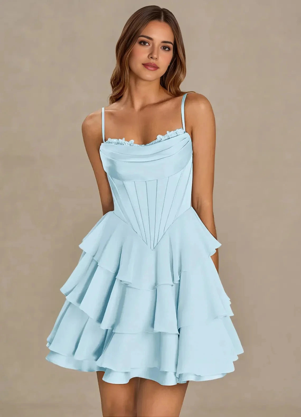 Light Blue Spaghetti Strap Tiered Mini Dress with Corset Detail Brinley Sky Blue Mini Dress Homecoming Dresses by YiHuiw