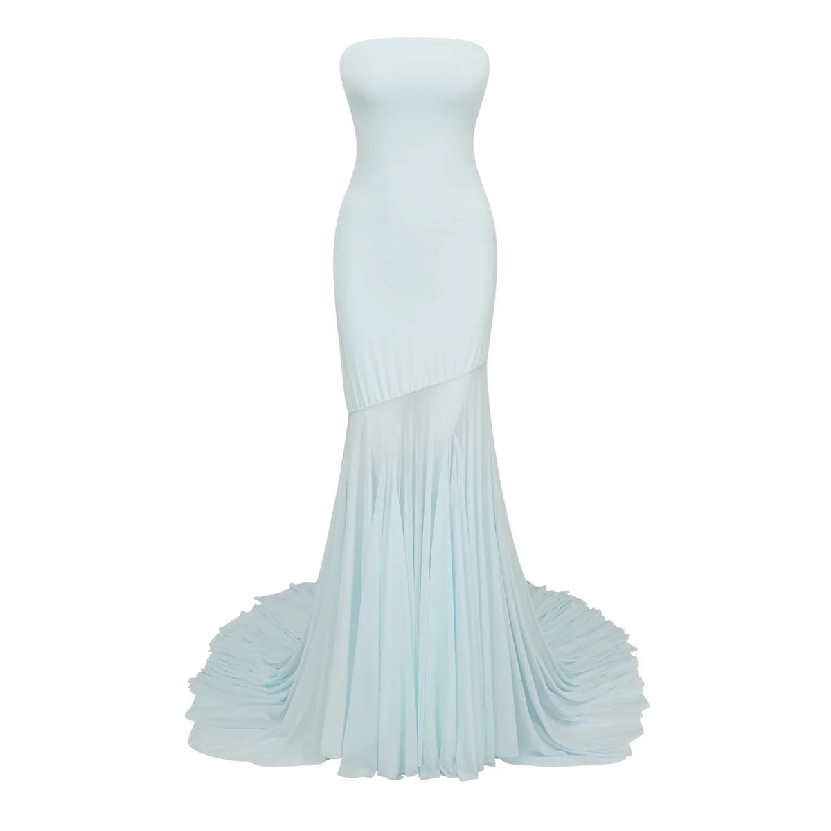 Light Blue Strapless High - Low Maxi Dress with Dramatic Train Josiane Blue Off-shoulder Sheer Tulle Maxi Dress Evening Dress by YiHuiw