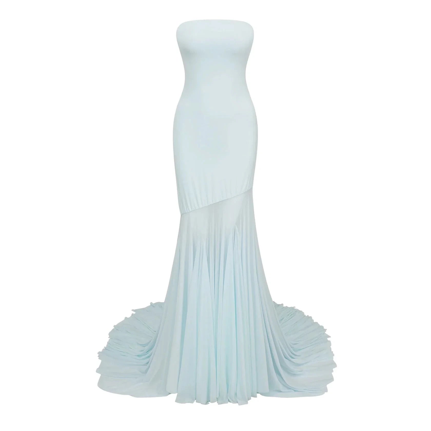 Light Blue Strapless High - Low Maxi Dress with Dramatic Train Josiane Blue Off-shoulder Sheer Tulle Maxi Dress Evening Dress by YiHuiw