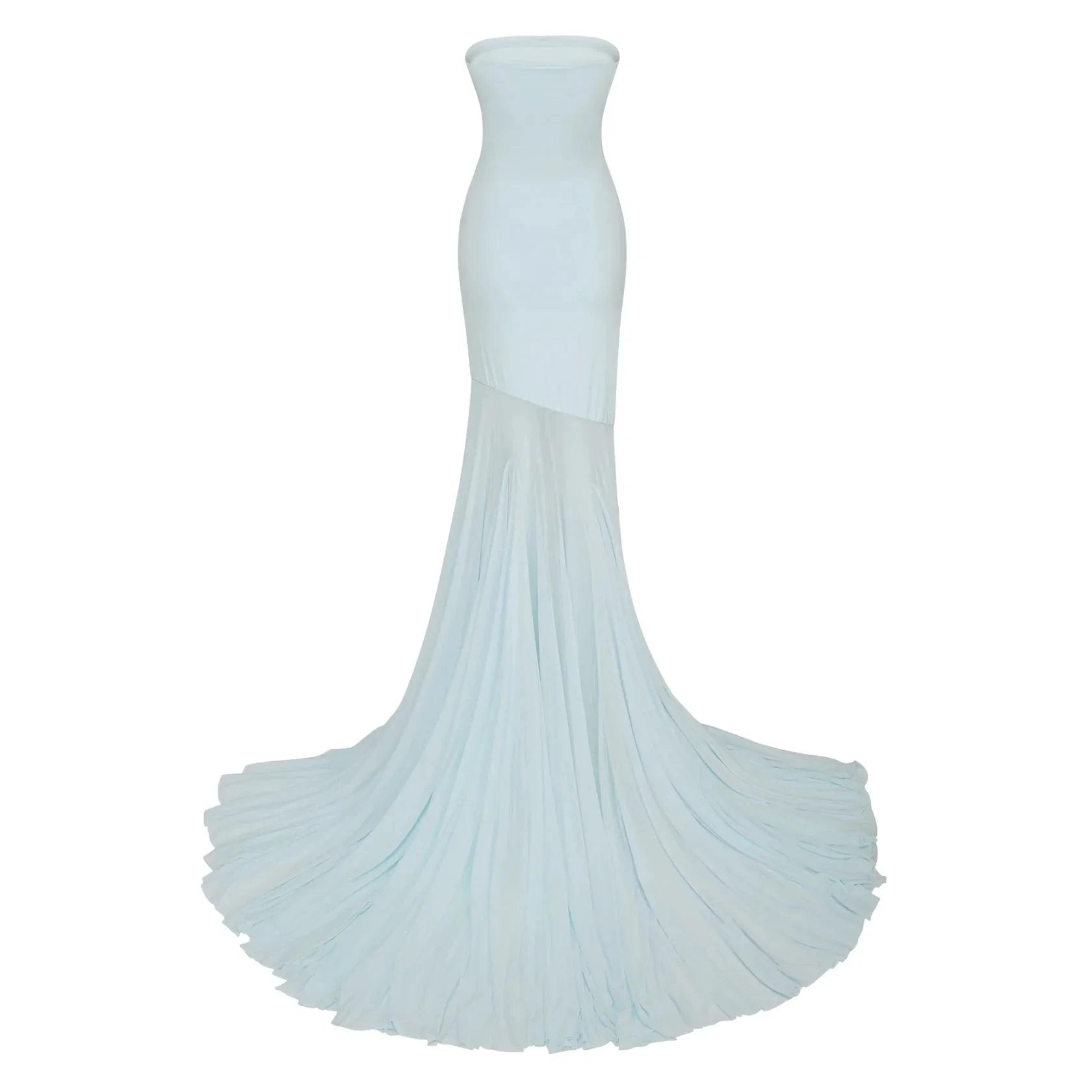 Light Blue Strapless High - Low Maxi Dress with Dramatic Train Josiane Blue Off-shoulder Sheer Tulle Maxi Dress Evening Dress by YiHuiw