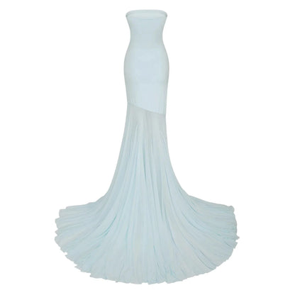 Light Blue Strapless High - Low Maxi Dress with Dramatic Train Josiane Blue Off-shoulder Sheer Tulle Maxi Dress Evening Dress by YiHuiw