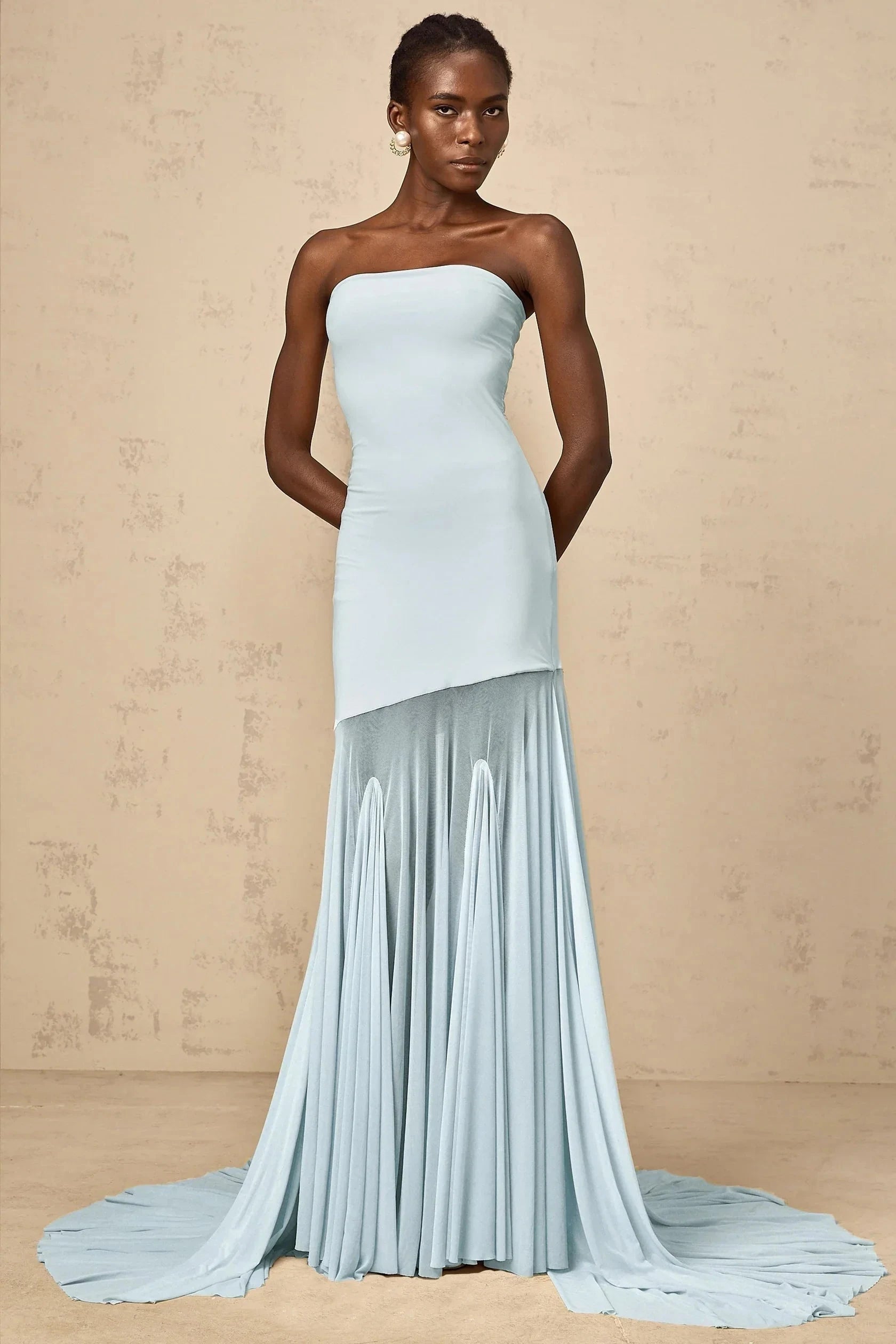 Light Blue Strapless Maxi Dress with Flowing Train Blue Off-shoulder Sheer Tulle Maxi Dress Evening Dress by YiHuiw