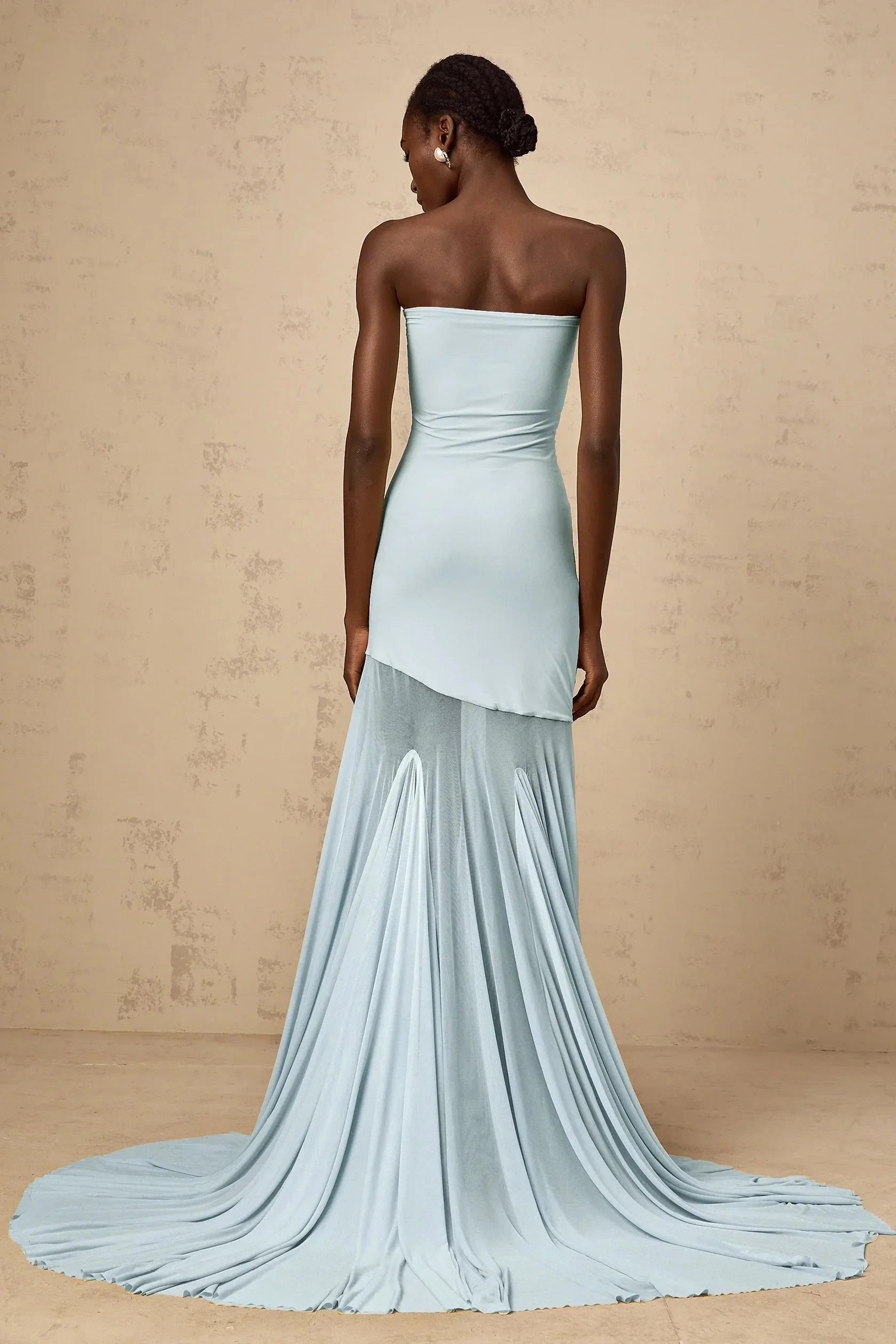 Light Blue Strapless Maxi Dress with Flowing Train Blue Off-shoulder Sheer Tulle Maxi Dress Evening Dress by YiHuiw