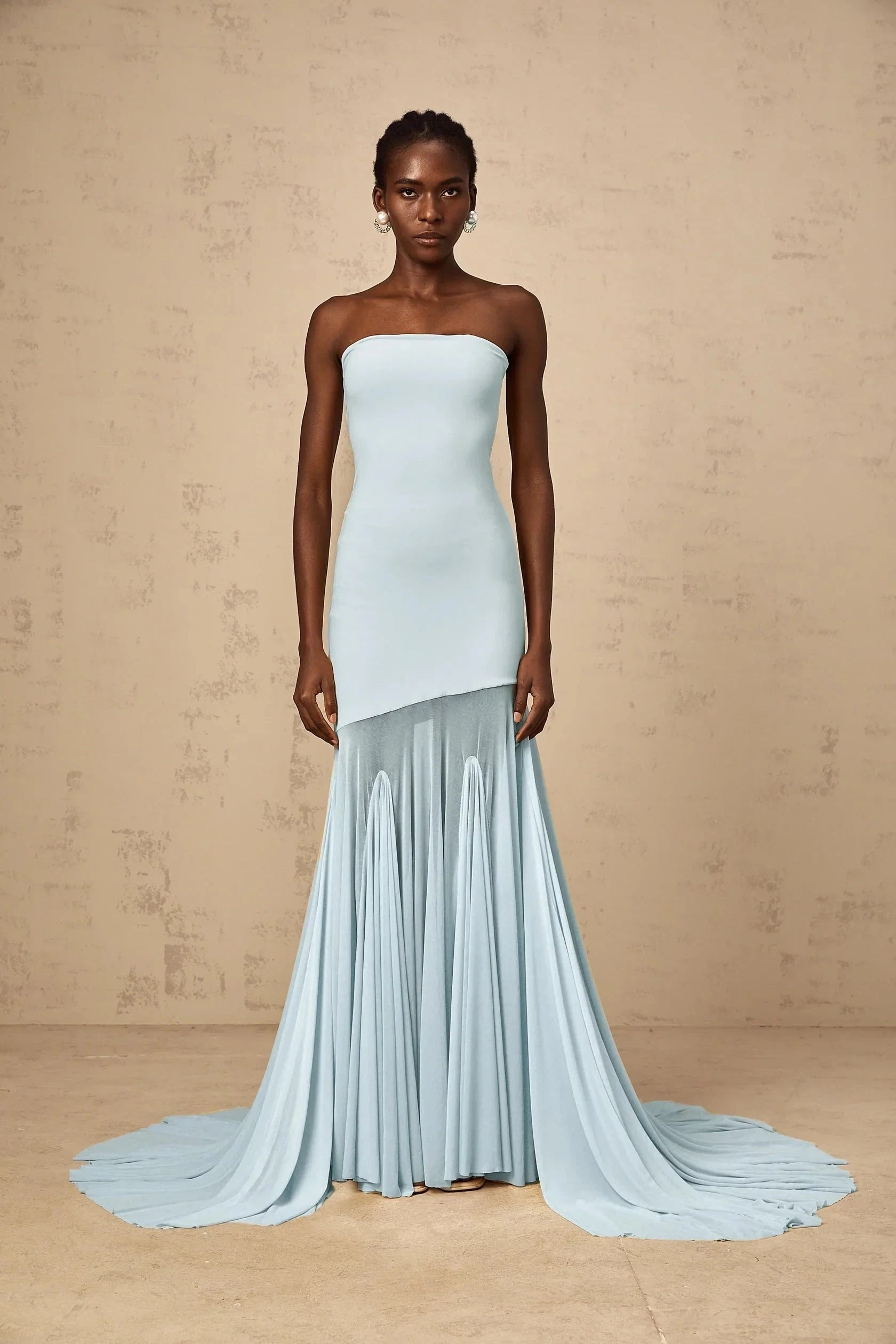 Light Blue Strapless Maxi Dress with Flowing Train Blue Off-shoulder Sheer Tulle Maxi Dress Evening Dress by YiHuiw