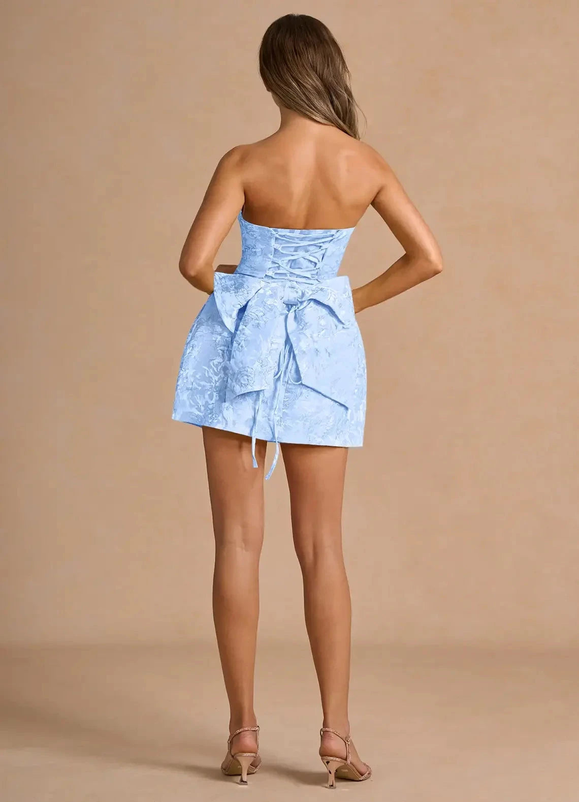 Light Blue Strapless Mini Dress with Back Bow and Lace - Up Detail Sky Blue Mini Dress Homecoming Dresses by YiHuiw