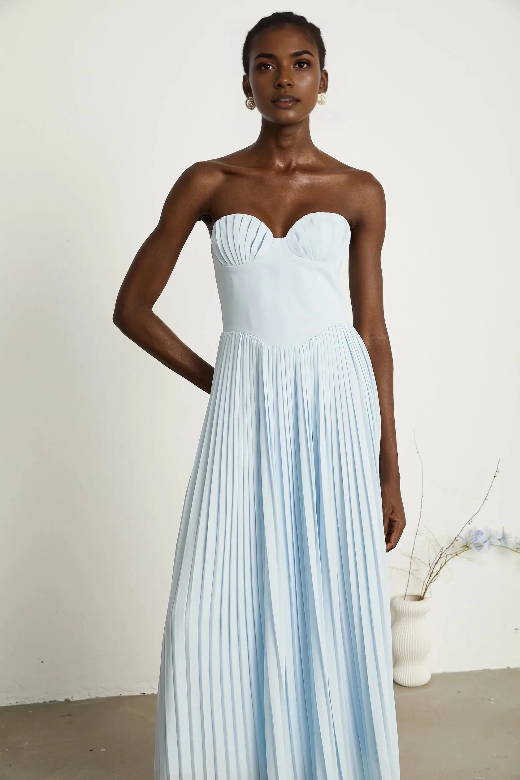 Light Blue Strapless Pleated Maxi Dress Carlotta blue pleated corset maxi dress Evening Dress by YiHuiw