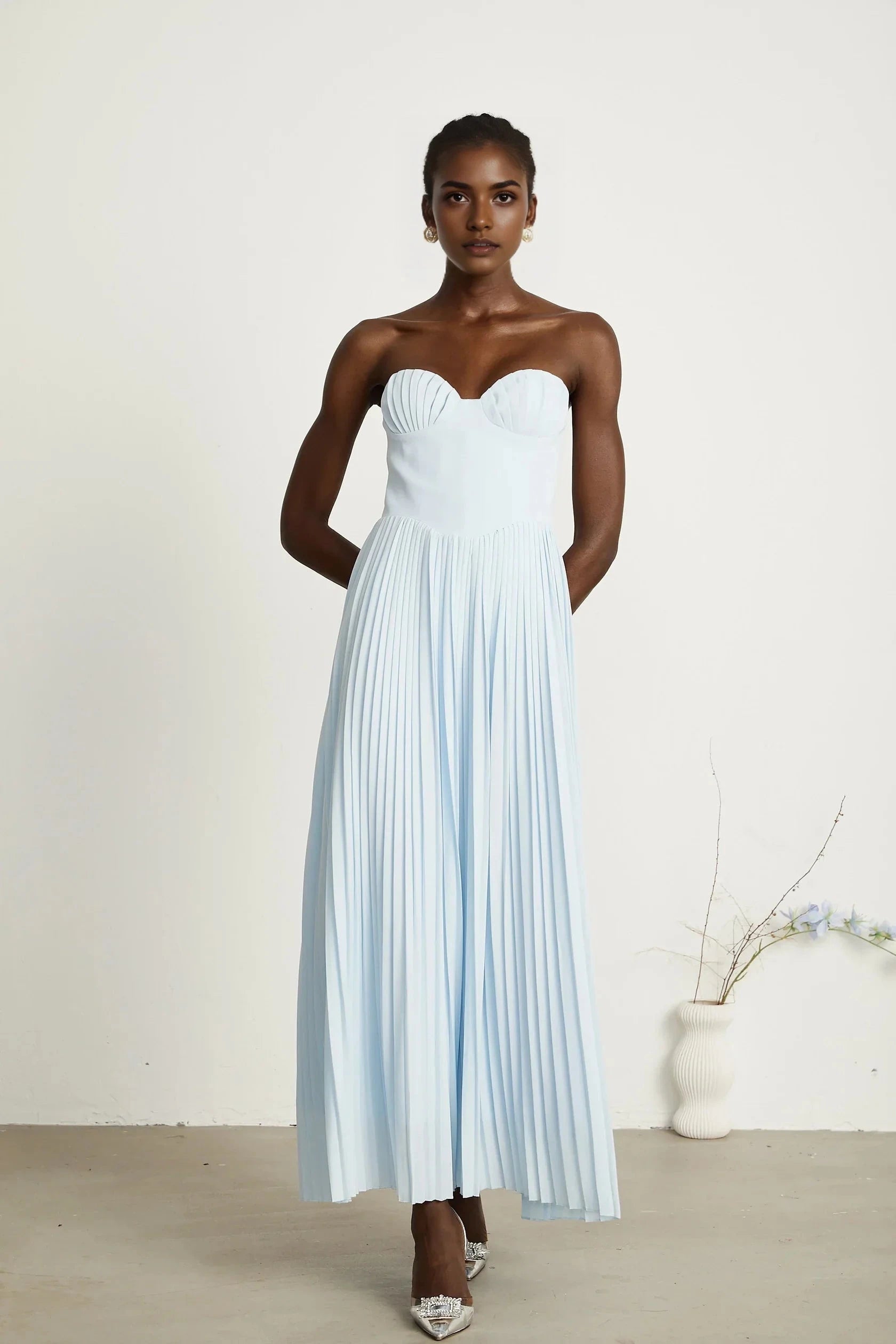 Light Blue Strapless Pleated Maxi Dress Carlotta blue pleated corset maxi dress Evening Dress by YiHuiw