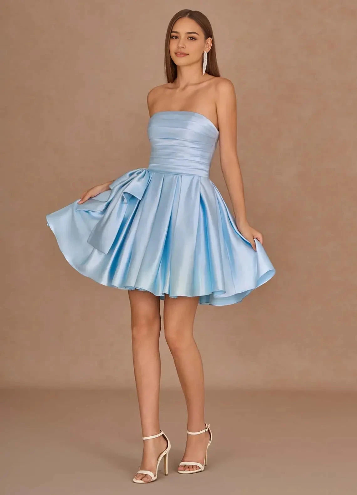Light Blue Strapless Satin Mini Dress with Bow Detail Aurae Sky Blue Mini Dress Homecoming Dresses by YiHuiw