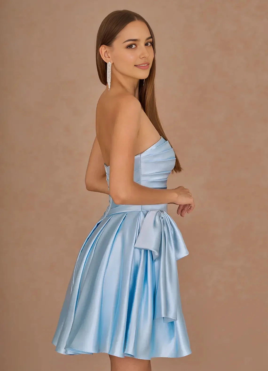 Light Blue Strapless Satin Mini Dress with Bow Detail Aurae Sky Blue Mini Dress Homecoming Dresses by YiHuiw