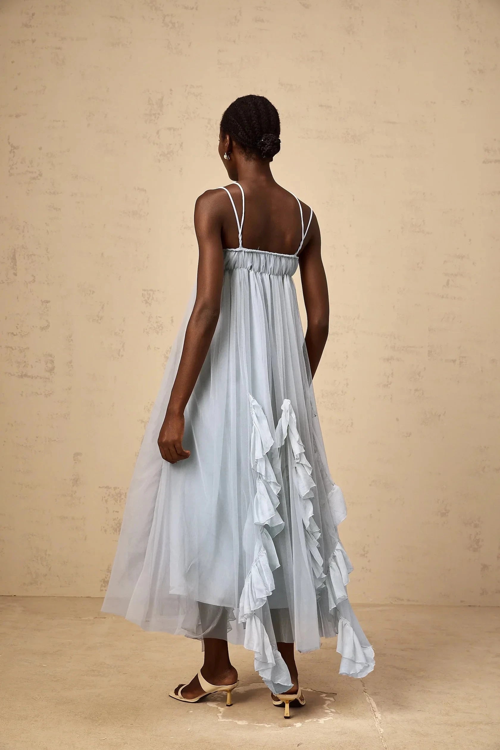Light Blue Tulle Maxi Dress with Ruffle Details Colette layered ruffled tulle maxi dress in Blue Evening Dress by YiHuiw