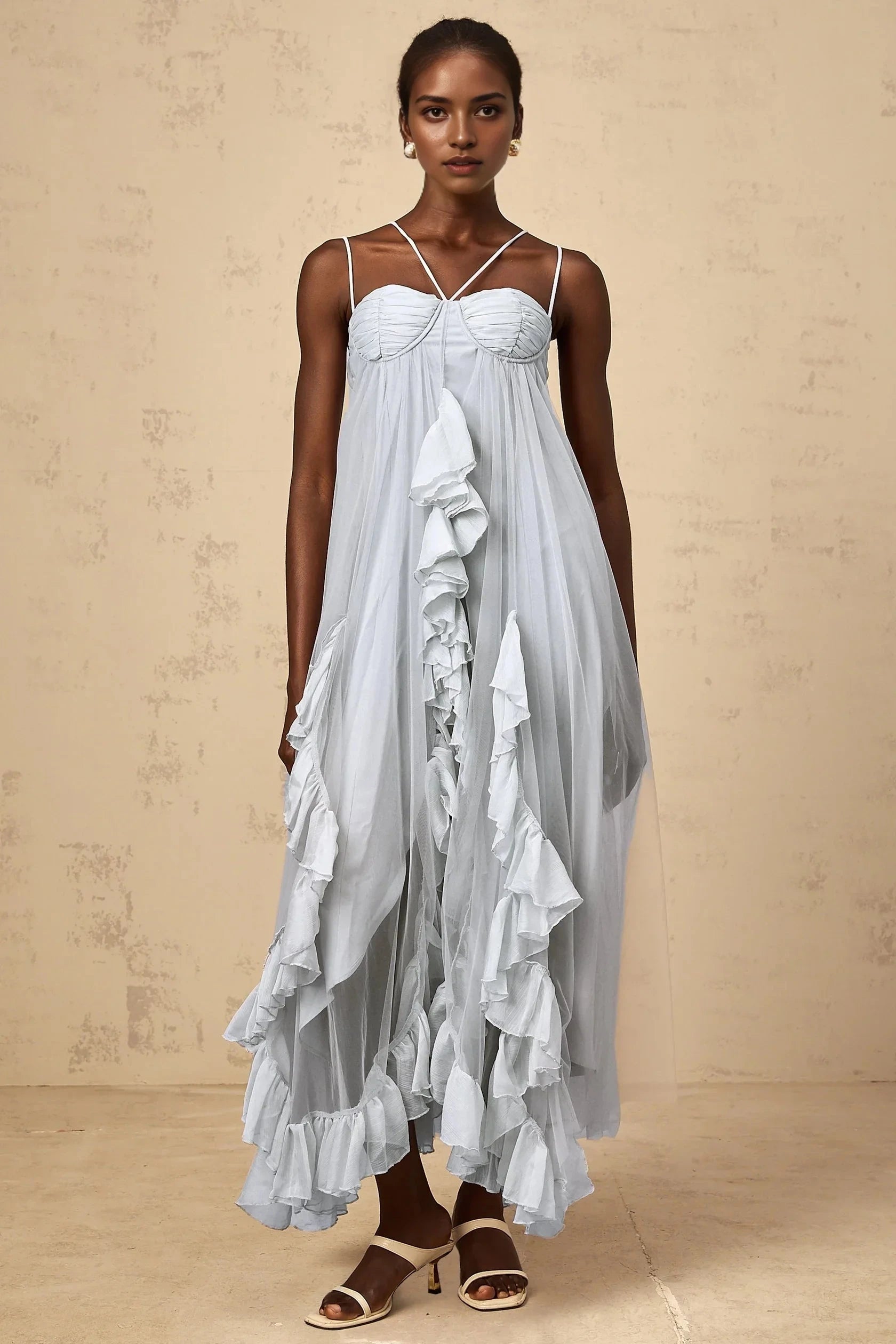 Light Blue Tulle Maxi Dress with Ruffle Details Colette layered ruffled tulle maxi dress in Blue Evening Dress by YiHuiw