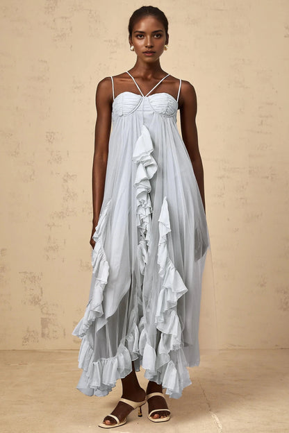 Light Blue Tulle Maxi Dress with Ruffle Details Colette layered ruffled tulle maxi dress in Blue Evening Dress by YiHuiw