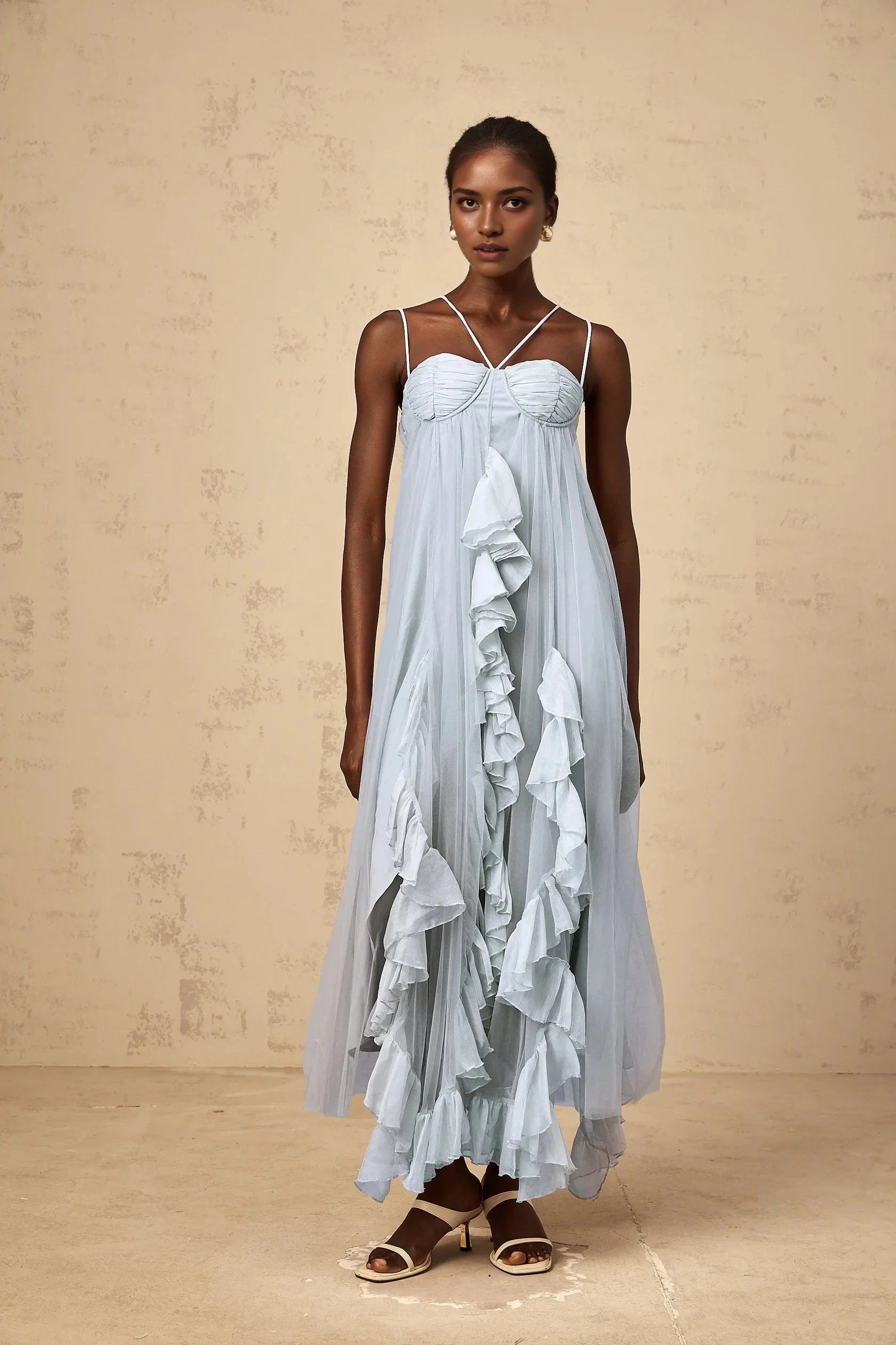 Light Blue Tulle Maxi Dress with Ruffle Details Colette layered ruffled tulle maxi dress in Blue Evening Dress by YiHuiw