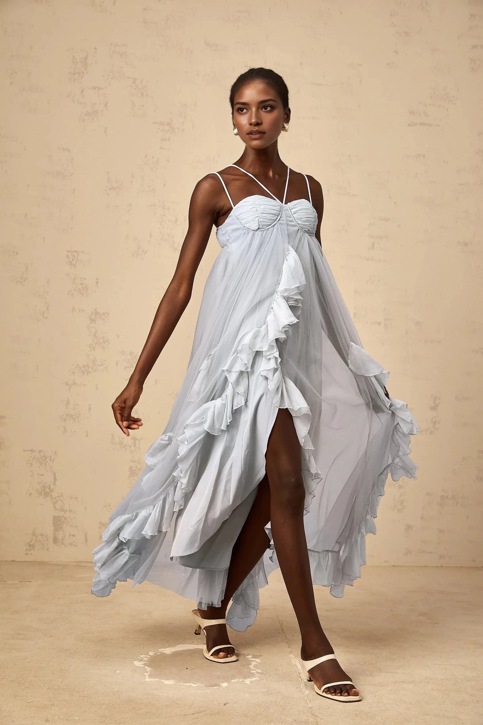 Light Blue Tulle Maxi Dress with Ruffle Details Colette layered ruffled tulle maxi dress in Blue Evening Dress by YiHuiw