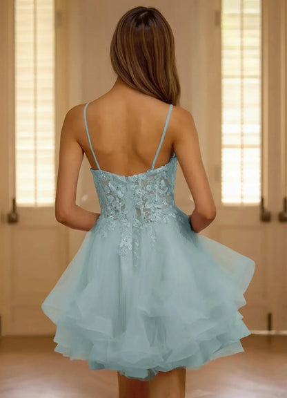 Light Blue Tulle Spaghetti Strap Mini Dress with Lace Detail Viviara Blue Mini Dress Homecoming Dresses by YiHuiw