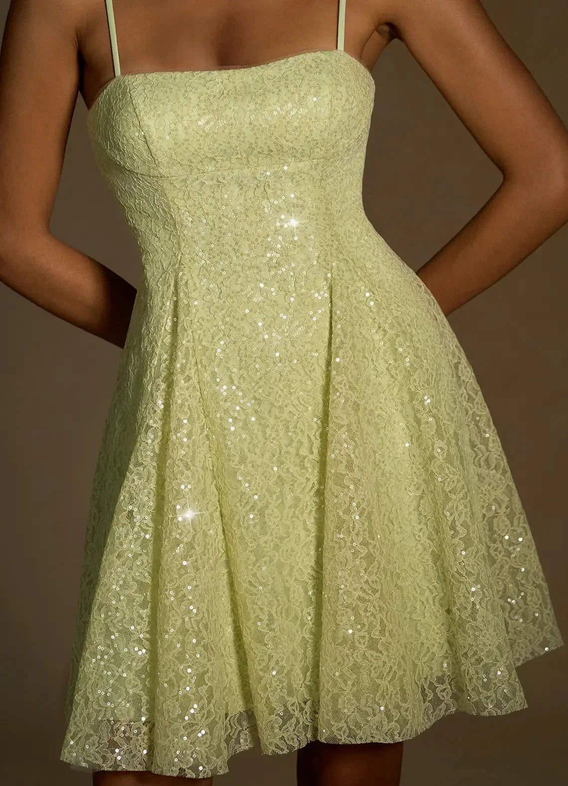 Lime Green Sequin Lace Mini Dress with Criss - Cross Back Xenia Dusty Green Sequin Mini Dress Homecoming Dresses by YiHuiw