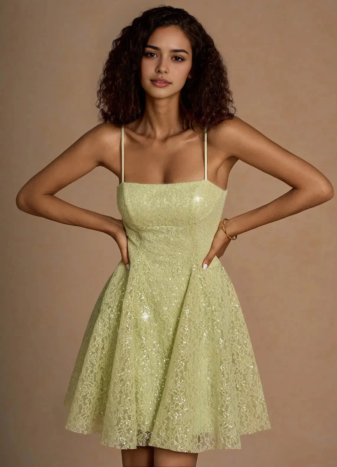 Lime Green Sequin Lace Mini Dress with Criss - Cross Back Xenia Dusty Green Sequin Mini Dress Homecoming Dresses by YiHuiw