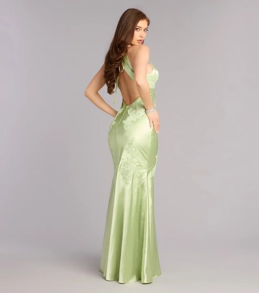 Mermaid V-Neck Satin Applique Floor-Length Wedding Dress - Yihuiw by Yihuiw