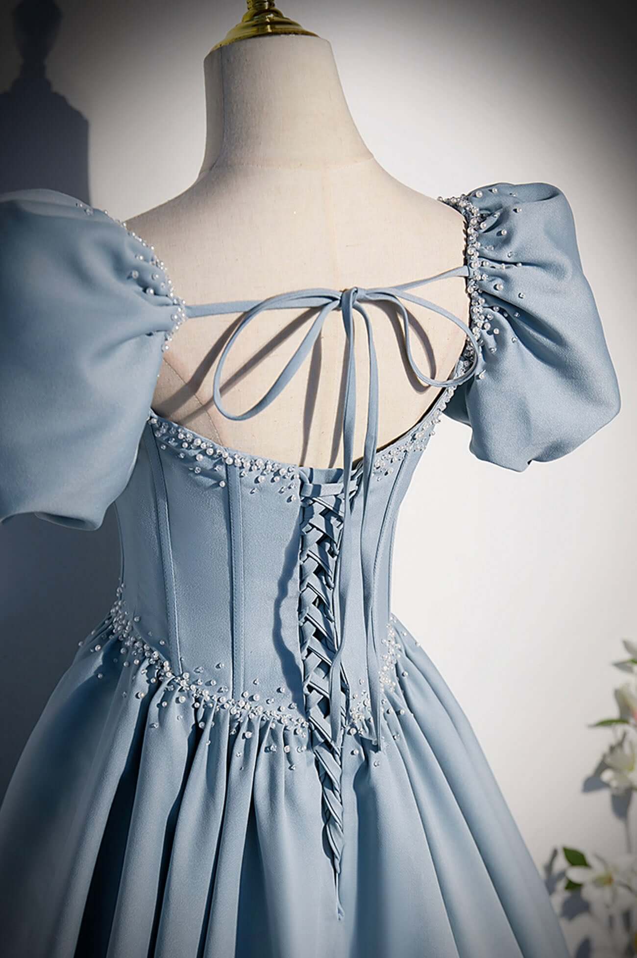 Light Blue Satin Long Prom Dress A-Line Short Sleeve Evening Dresses simple gentle atmospheric and unique desi Bring summer colors to enhance whiteness by YiHuiw
