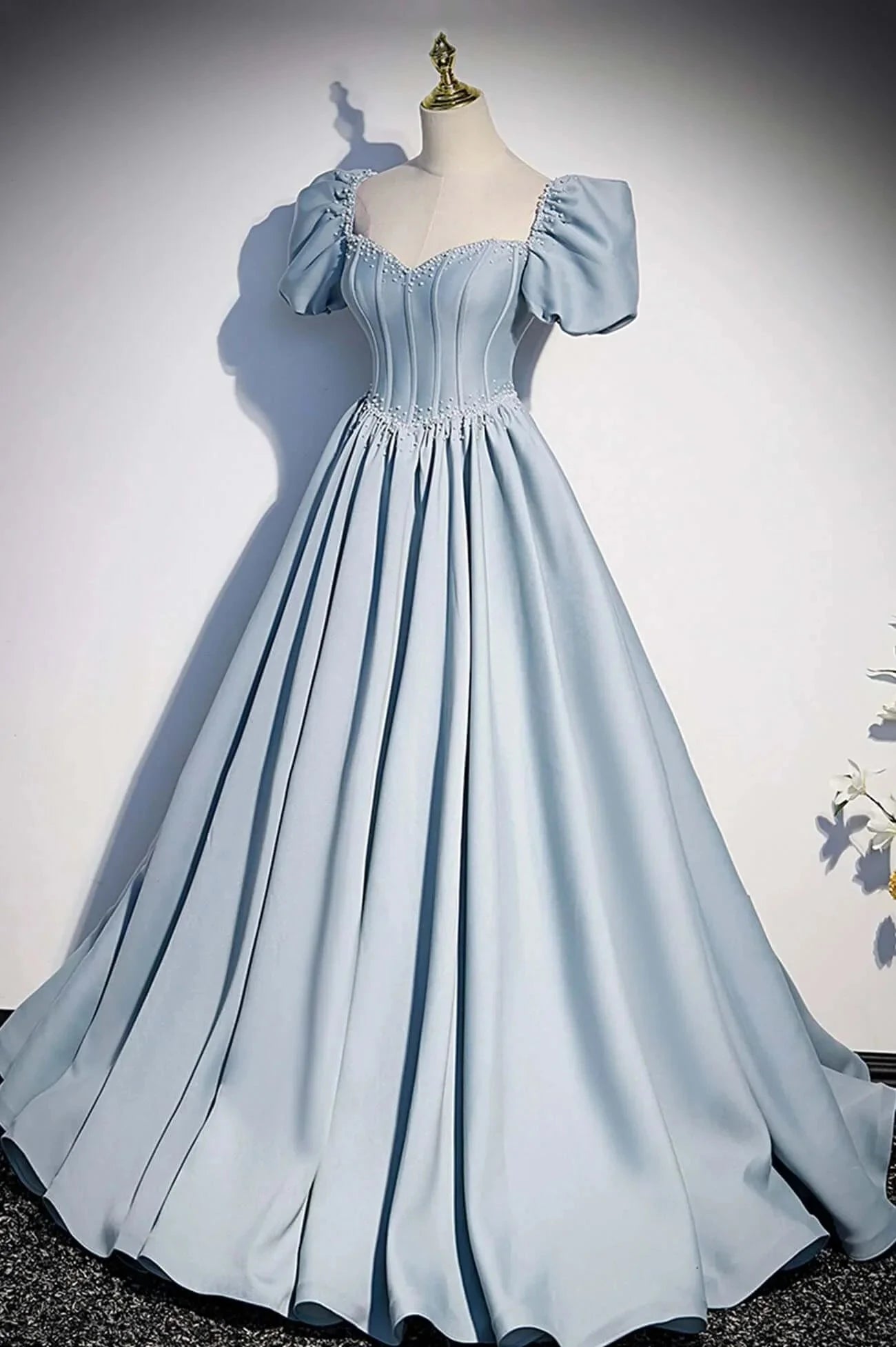 Light Blue Satin Long Prom Dress A-Line Short Sleeve Evening Dresses simple gentle atmospheric and unique desi Bring summer colors to enhance whiteness by YiHuiw