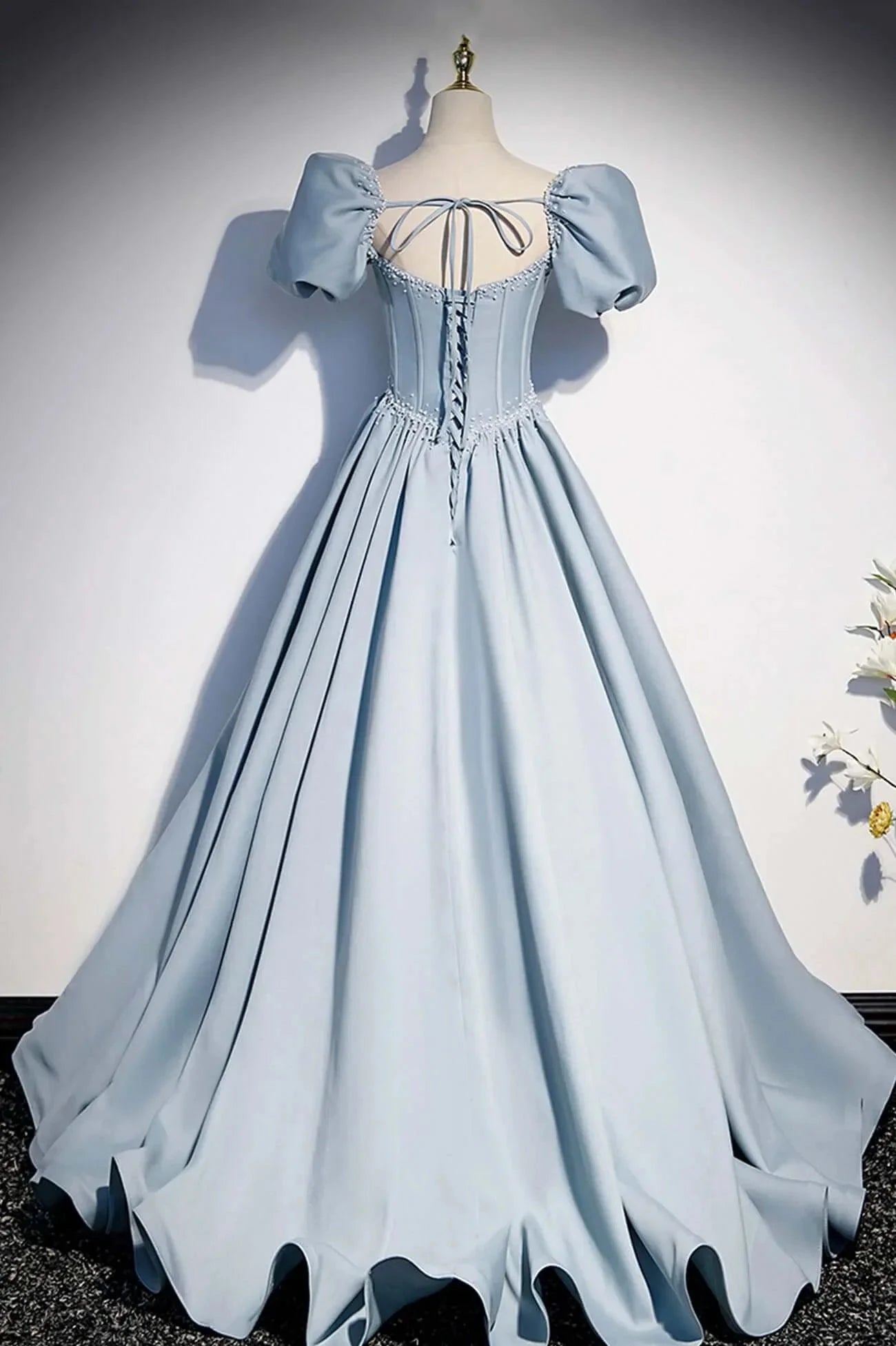 Light Blue Satin Long Prom Dress A-Line Short Sleeve Evening Dresses simple gentle atmospheric and unique desi Bring summer colors to enhance whiteness by YiHuiw