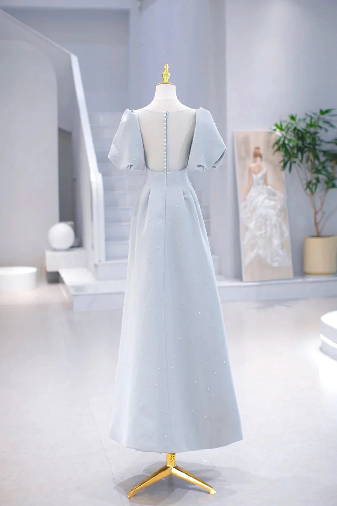 Light Blue Satin Long Prom Dress with Pearls A-Line Short Sleeve Party Dress simple gentle atmospheric and unique desi Bring summer colors to enhance white by YiHuiw