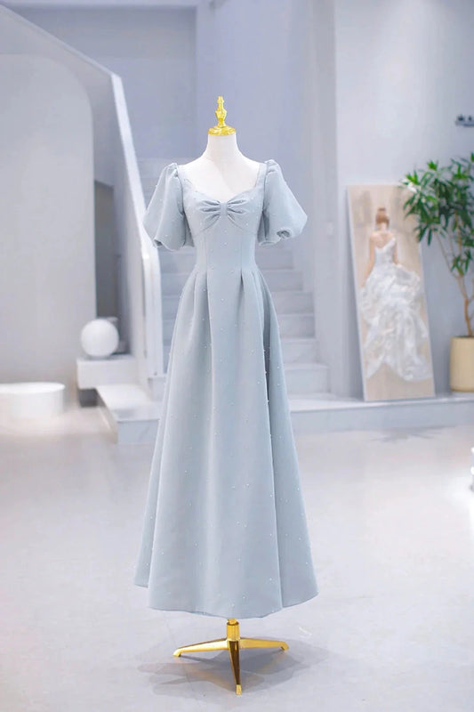 Light Blue Satin Long Prom Dress with Pearls A-Line Short Sleeve Party Dress simple gentle atmospheric and unique desi Bring summer colors to enhance white by YiHuiw