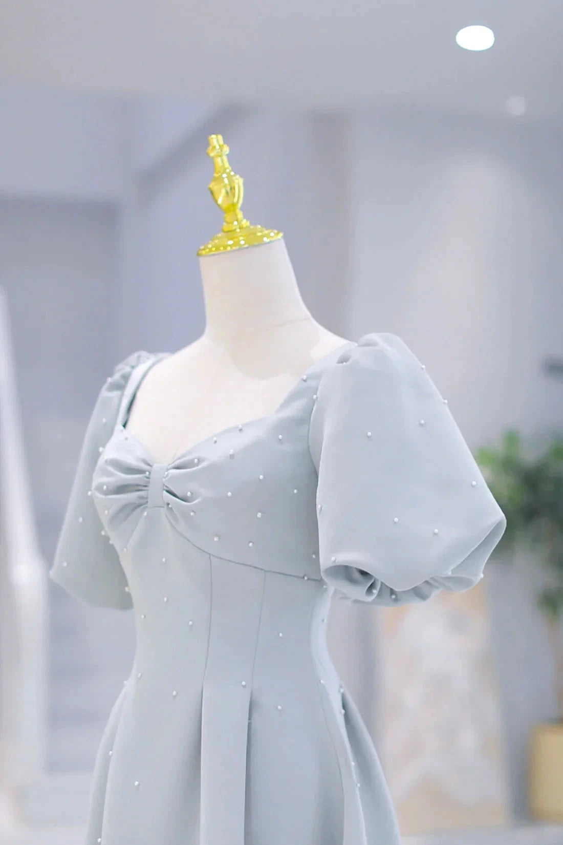 Light Blue Satin Long Prom Dress with Pearls A-Line Short Sleeve Party Dress simple gentle atmospheric and unique desi Bring summer colors to enhance white by YiHuiw