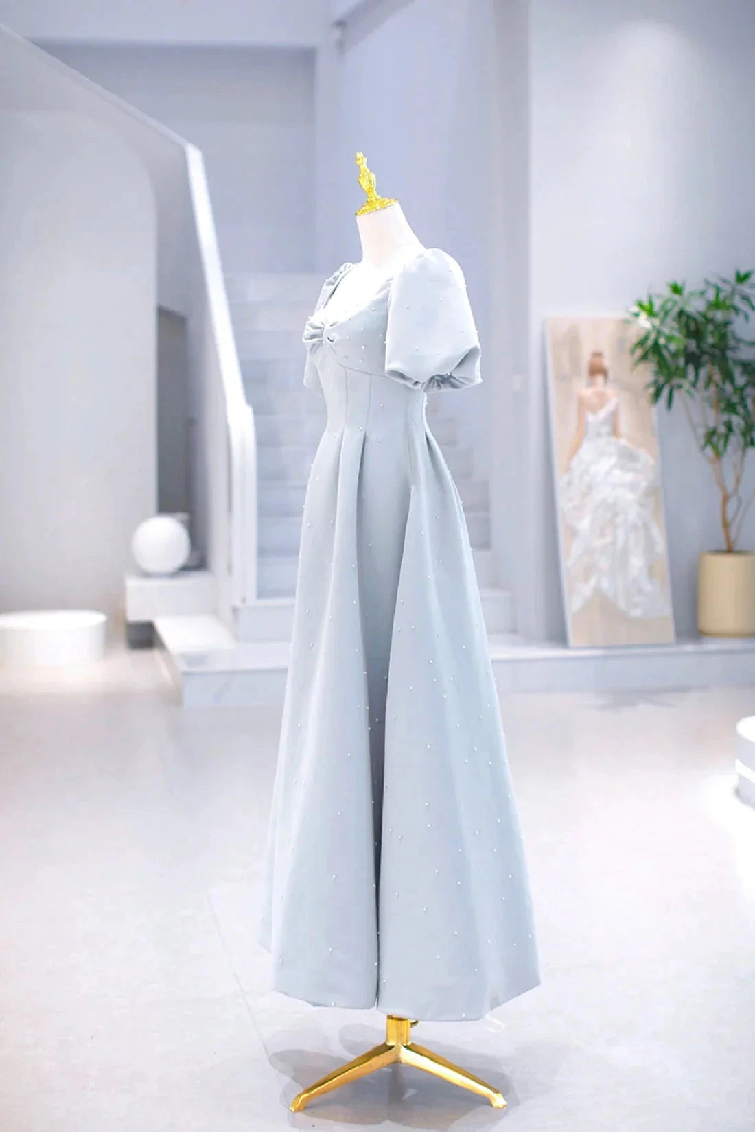 Light Blue Satin Long Prom Dress with Pearls A-Line Short Sleeve Party Dress simple gentle atmospheric and unique desi Bring summer colors to enhance white by YiHuiw
