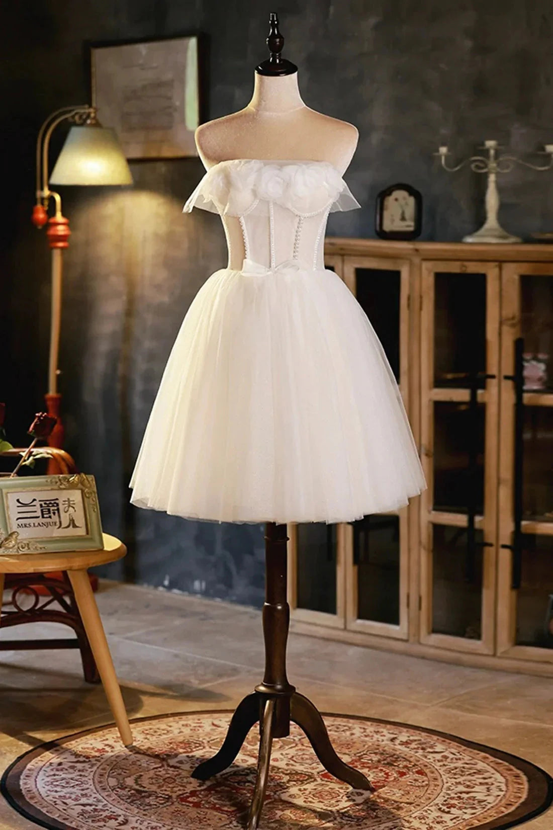 Light Champagne Strapless Tulle Short Prom Dress with 3D Flowers Cute A-Line Party Dress simple gentle atmospheric and unique desi Bring summer colors to enhance white by YiHuiw