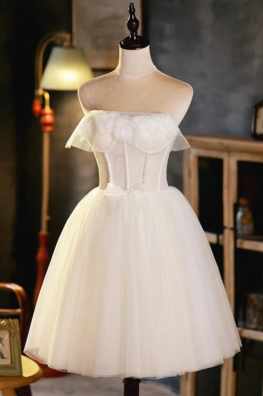 Light Champagne Strapless Tulle Short Prom Dress with 3D Flowers Cute A-Line Party Dress simple gentle atmospheric and unique desi Bring summer colors to enhance white by YiHuiw
