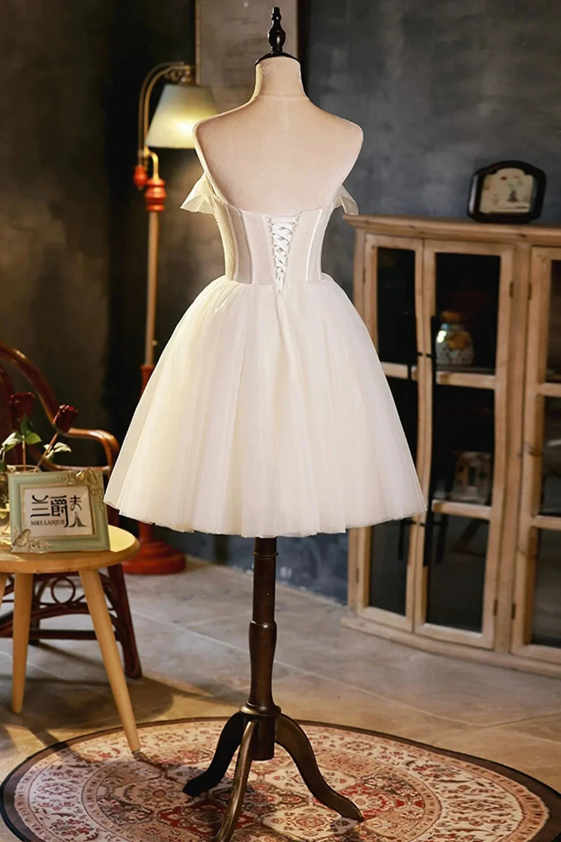 Light Champagne Strapless Tulle Short Prom Dress with 3D Flowers Cute A-Line Party Dress simple gentle atmospheric and unique desi Bring summer colors to enhance white by YiHuiw