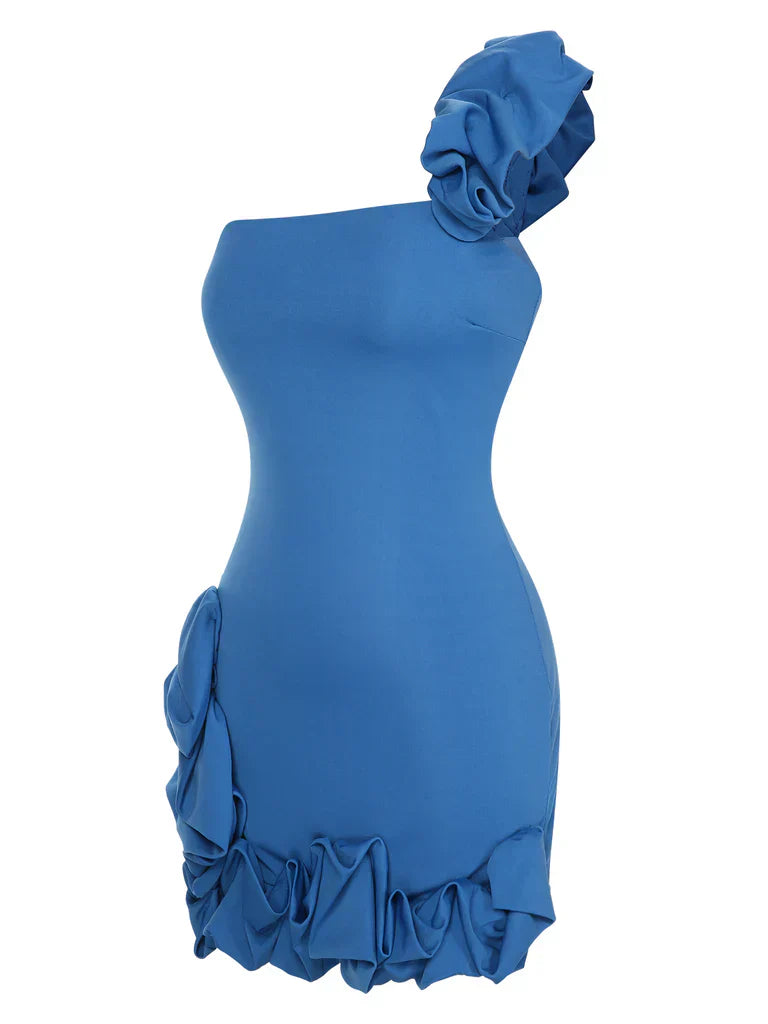 Light blue "Garden Elf" dress with strapless design, single-sided lotus shoulder and flower bud arrangement, perfect for date parties by YiHuiw