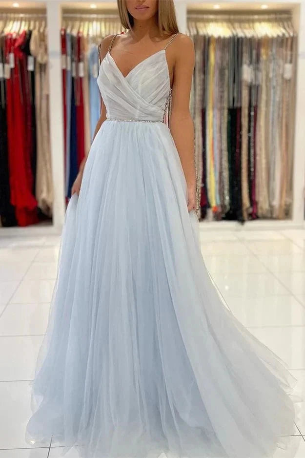 Light blue chiffon dress with deep V-neck strap suitable for dinner parties by YiHuiw
