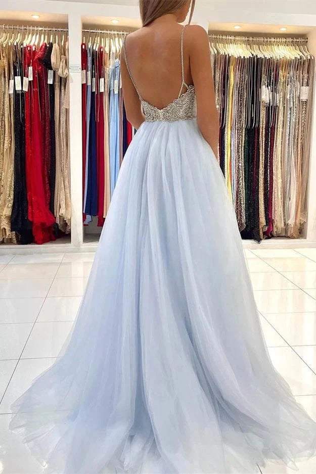 Light blue chiffon dress with deep V-neck strap suitable for dinner parties by YiHuiw