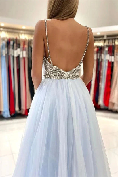 Light blue chiffon dress with deep V-neck strap suitable for dinner parties by YiHuiw