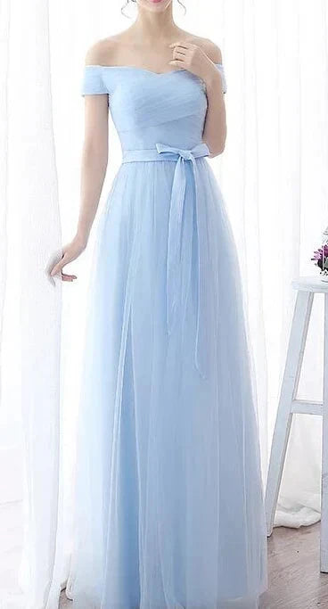 Light blue mesh dress with one shoulder, short sleeved, high waisted tie and bow, suitable for dinner parties by YiHuiw
