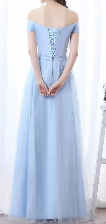 Light blue off shoulder long dress, with an off shoulder design suitable for formal occasions such as dinners by YiHuiw