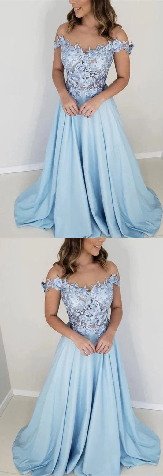 Light blue off shoulder long dress dress with off shoulder design and lace pattern decoration suitable for dinners, dances, etc by YiHuiw