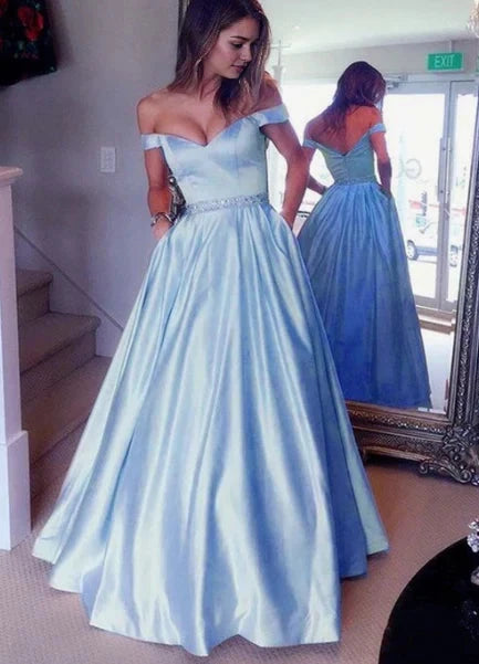 Light blue off shoulder long dress with off shoulder design and a diamond waistband decoration at the waist, suitable for dinners, dances, etc by YiHuiw