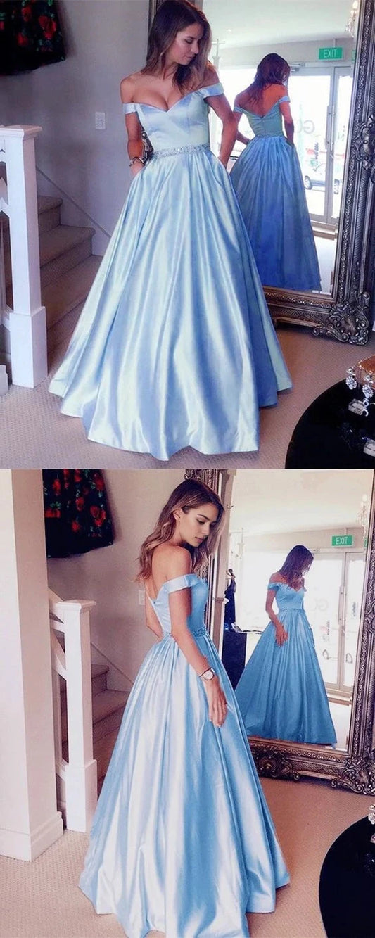 Light blue off shoulder long dress with off shoulder design and a diamond waistband decoration at the waist, suitable for dinners, dances, etc by YiHuiw