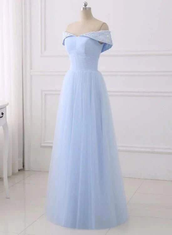 Light blue off shoulder long dress with off shoulder design suitable for dinners and parties by YiHuiw