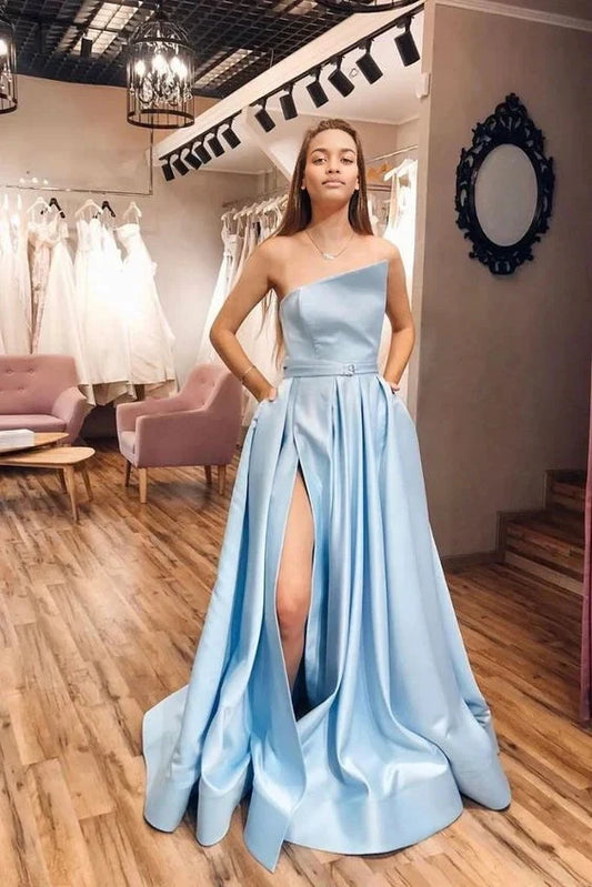 Light blue one shoulder long dress, with a wide and high slit skirt design, suitable for dinners, dances, etc by YiHuiw