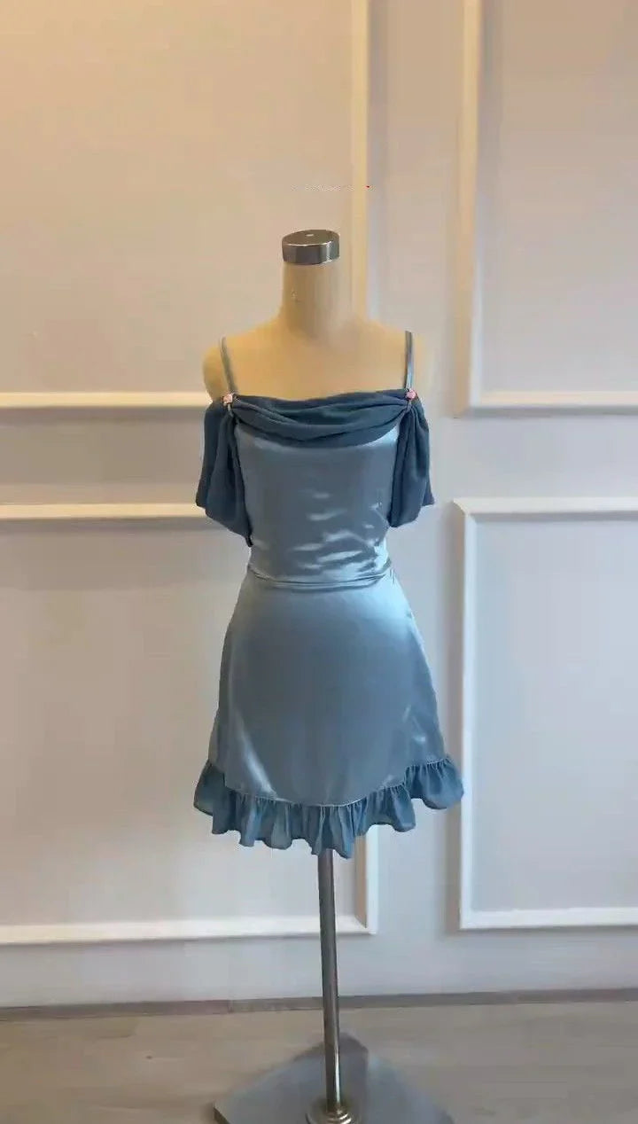 Light blue satin camisole skirt with off shoulder design and drooping sleeves, with ruffled hem decoration at the hem by YiHuiw